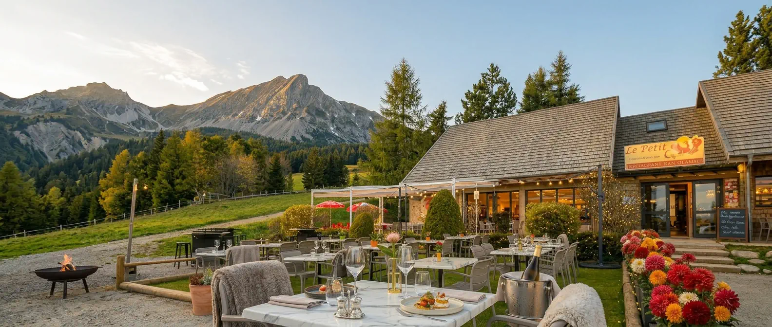 Terrasse du Petit Renard avec vue sur les montagnes